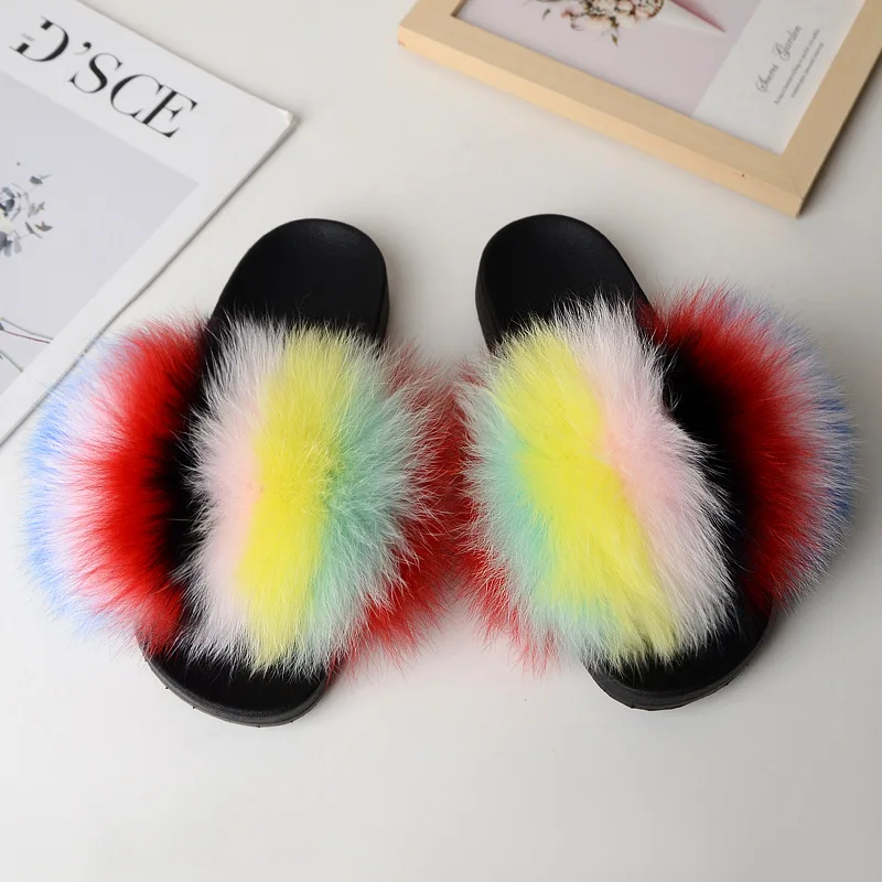 
Fashion outer wear pvc slippers net red fox fur plush slippers women 
