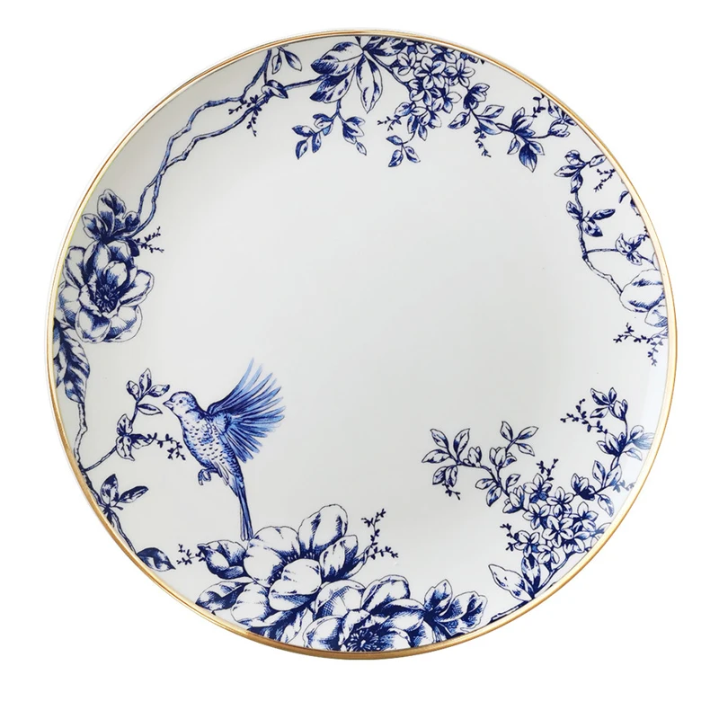 Nordic Tableware White and Blue Ceramic Dinnerware Set with Gold Rim Vintage Floral Birds Pattern Crockery for Wedding Decor