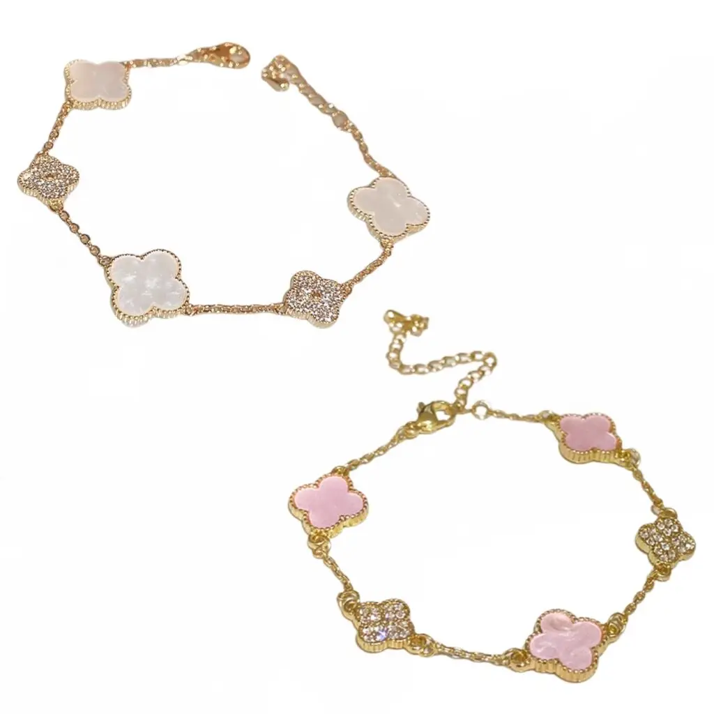 Hot Cherry Blossom Pink Four Leaf Clover Bracelet Light Luxury Luxury Sense Niche Design Super Flash Temperament Hand Jewelry