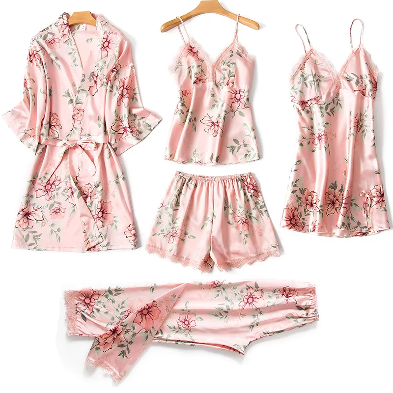 
High quality summer floral print five-pieces ice silk robe pajamas women 