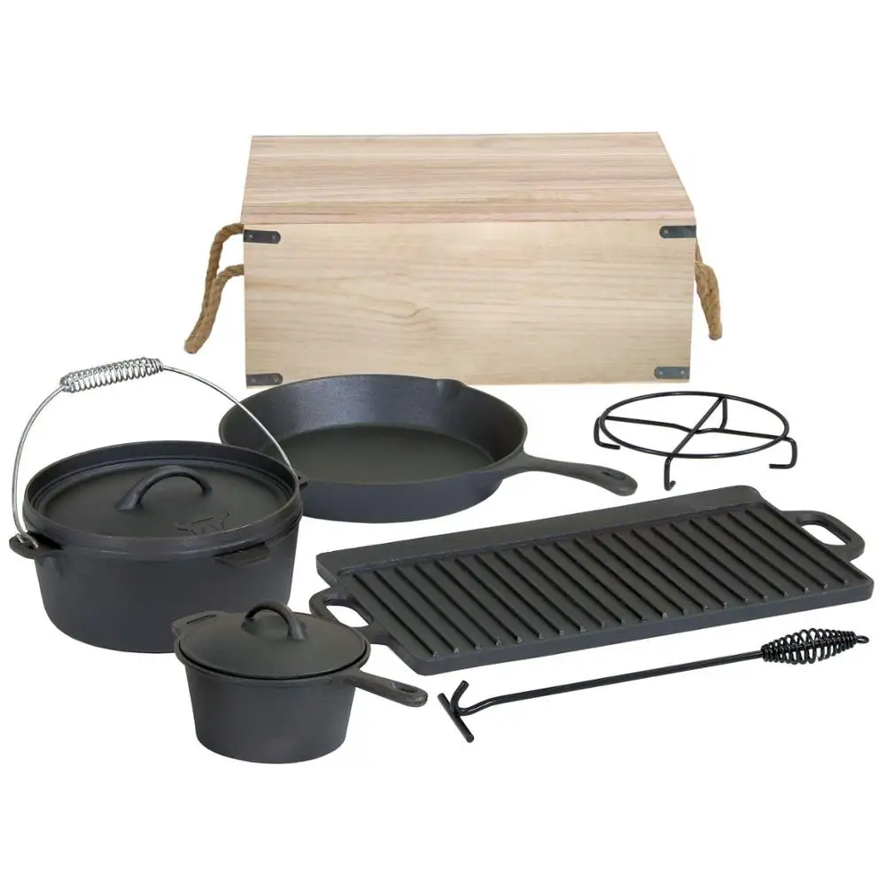 cast iron cookware set with campfire tripod set