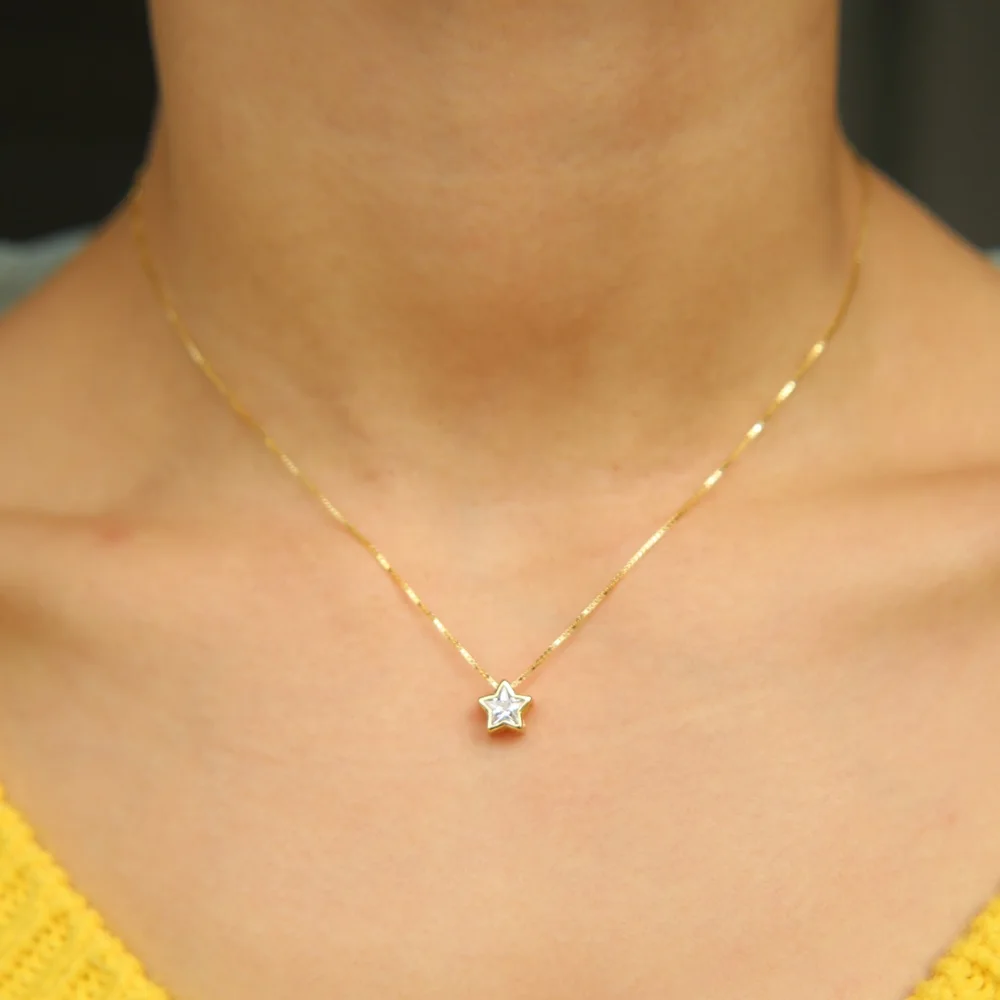 italy silver chain box delicate chain with star cubic zirconia cz single stone star pendant necklace
