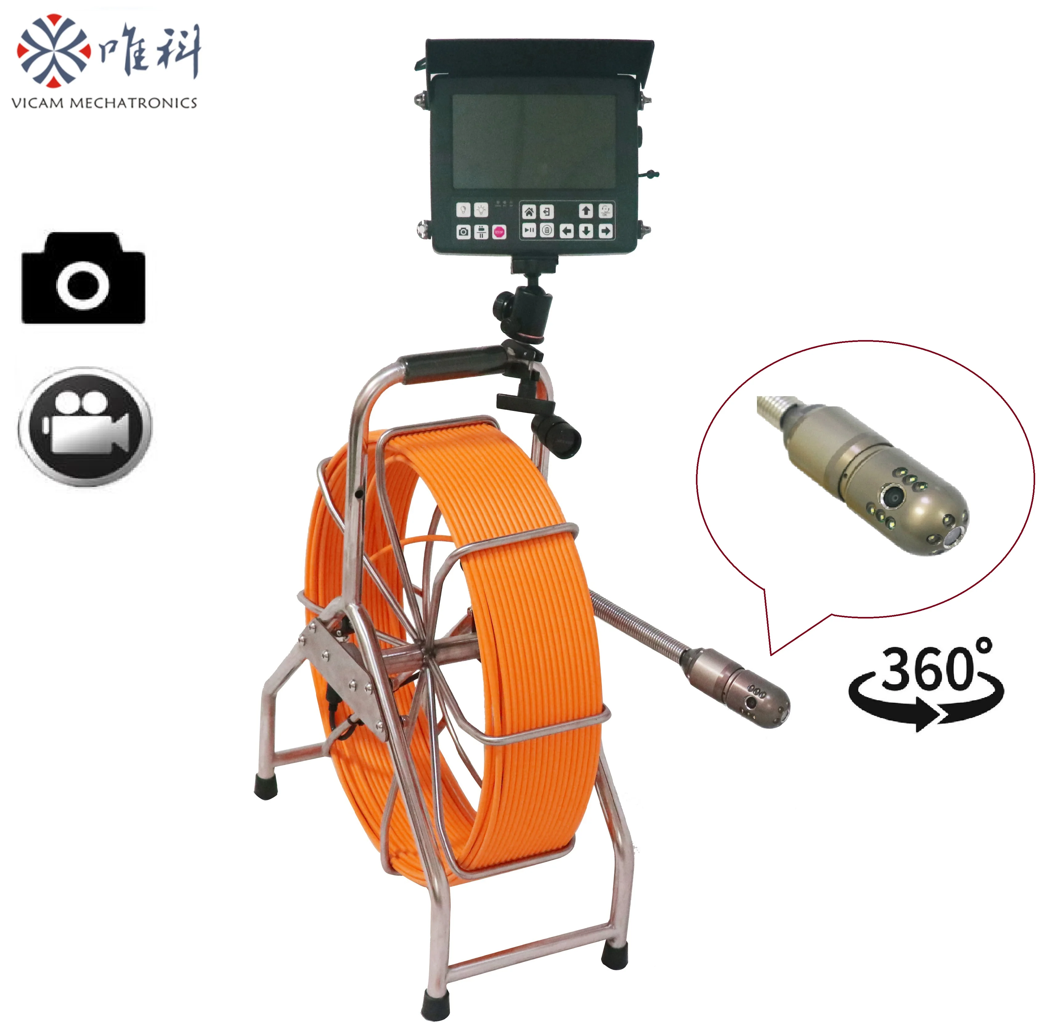 Vicam Rotation Camera Pipe Inspection Camera 60M with HD DVR 16GB Sewer Drain Industrial Endoscope