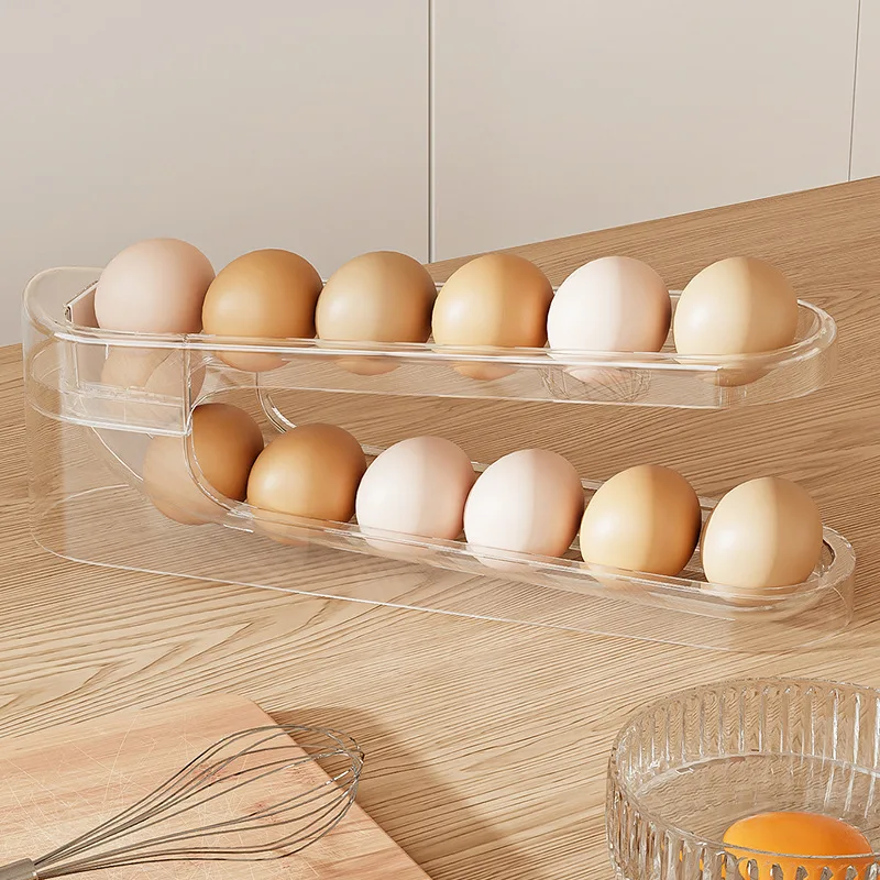 Egg Storage Box Home Kitchen Refrigerator Side Door For Chicken Duck Goose Egg Rack Freezer Storage Box Double Layer Rolling Egg