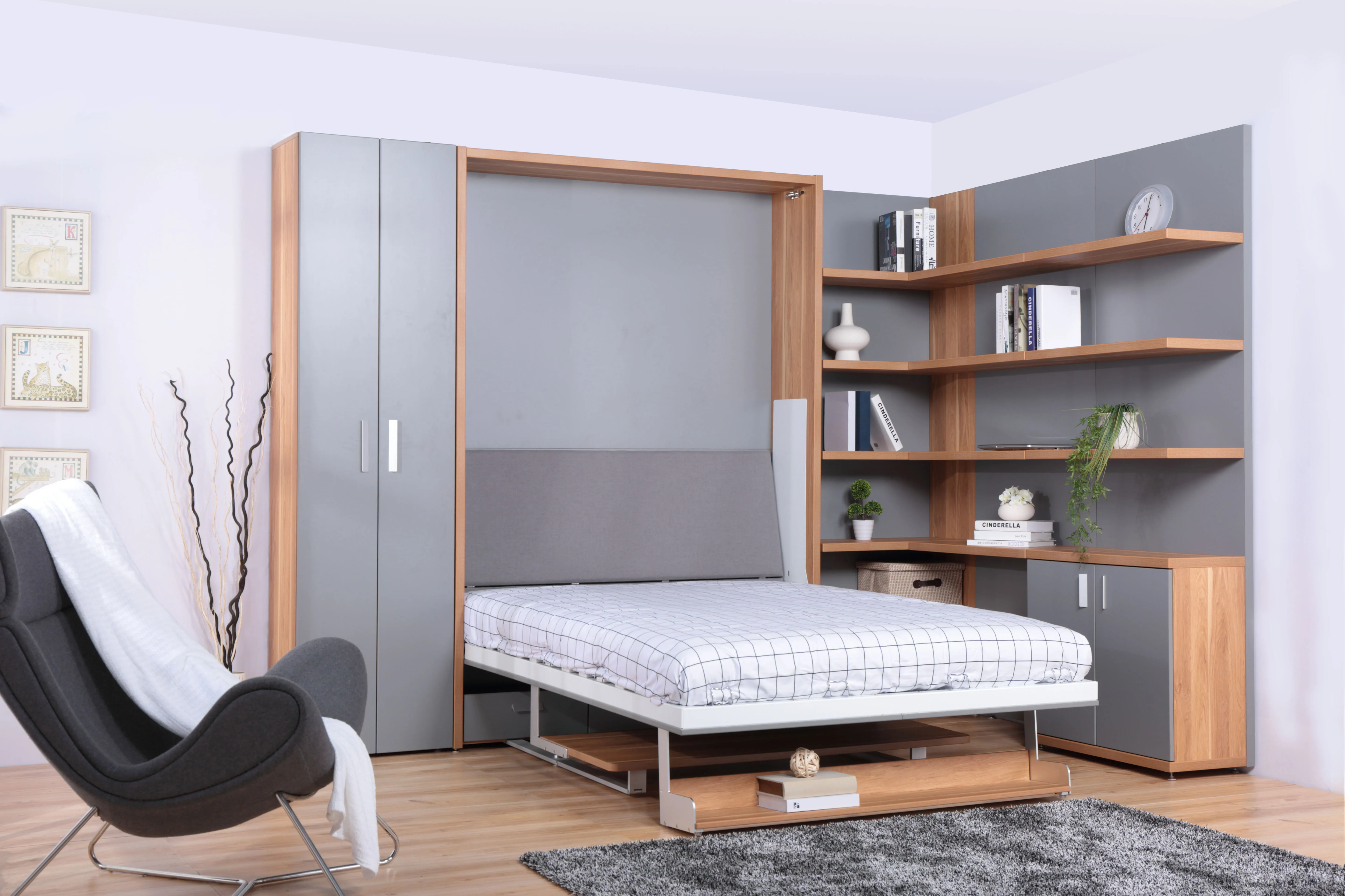 Vertical Wall Beds EN1129-1 Smart Furniture Folding Desk Wall Bed With Bookshelf And Desk For Hotel