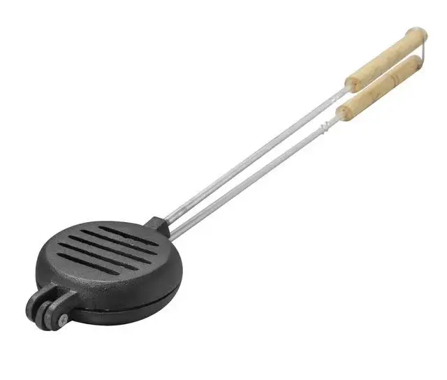 Cast Iron Round Patty and Jaffle Iron Burger Waffle Pie Maker with Long Wood Handle  Bread Tongs Outdoor Bakeware Camp toaster