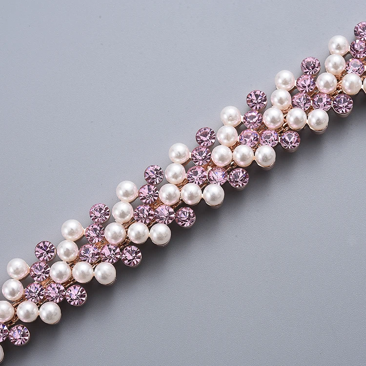 Green light pink rhinestone big pearl copper link chain for wedding