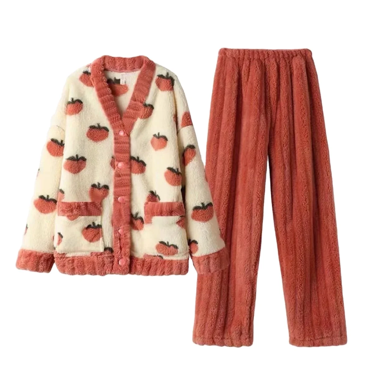 Autumn and Winter Thickened Oolong Peach Nightgown Set Strawberry cartoon Style Cardigan Home Clothes Warm girls women Pajamas