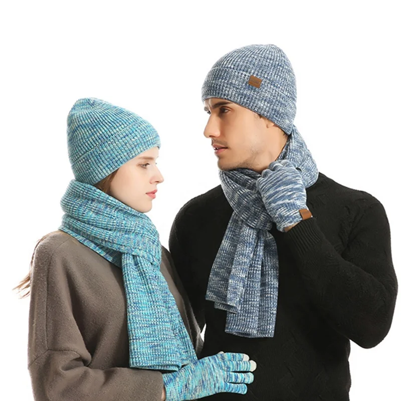 Fleece Lined Women Beanie Knit Hat winter hat scarf Mask Set Girls Warm Hat Earmuffs Cap with Pom