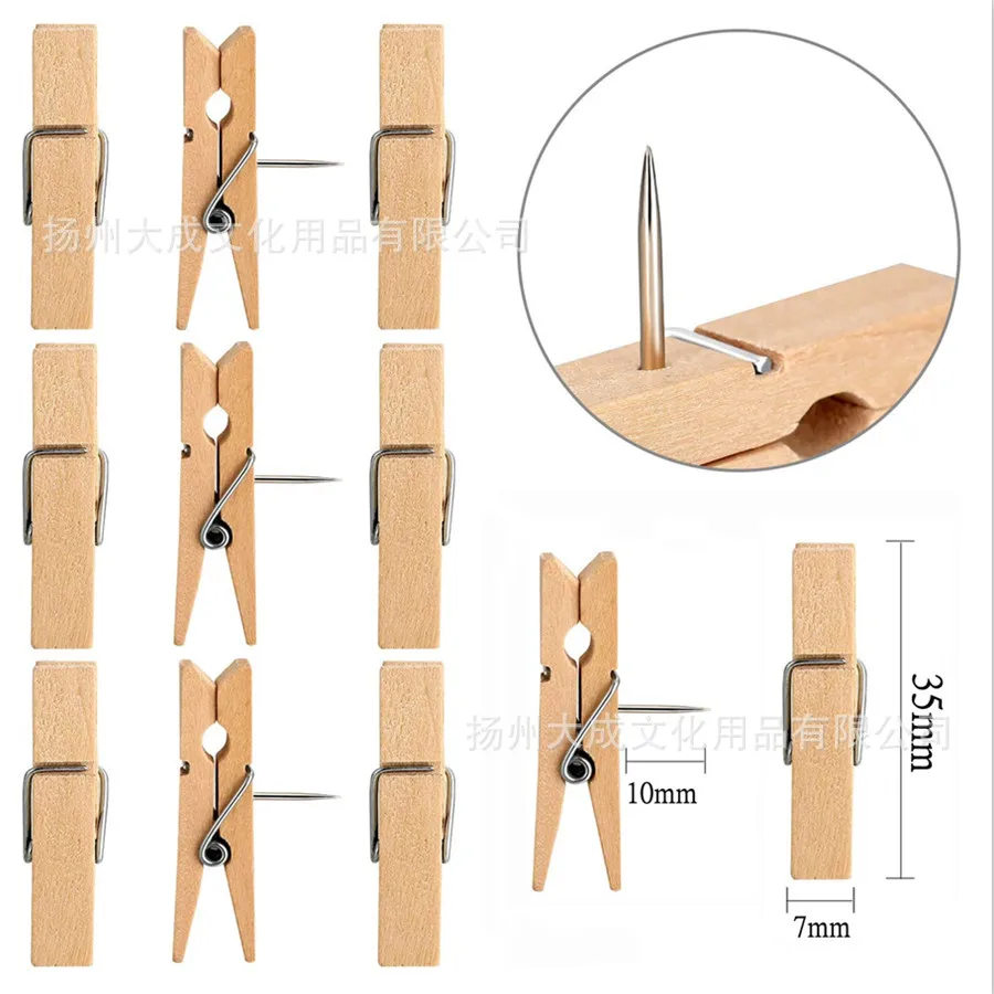 Factory 35mm Decorate Wooden Drawing Clips Paper Clip Wood clamp pins Wooden Thumbtack Pushpins
