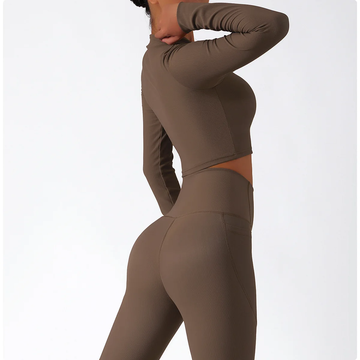 YHT NEW Zip Long Sleeve Yoga Set For Women Training Fitness Wear Tight Running Sports Workout Suit