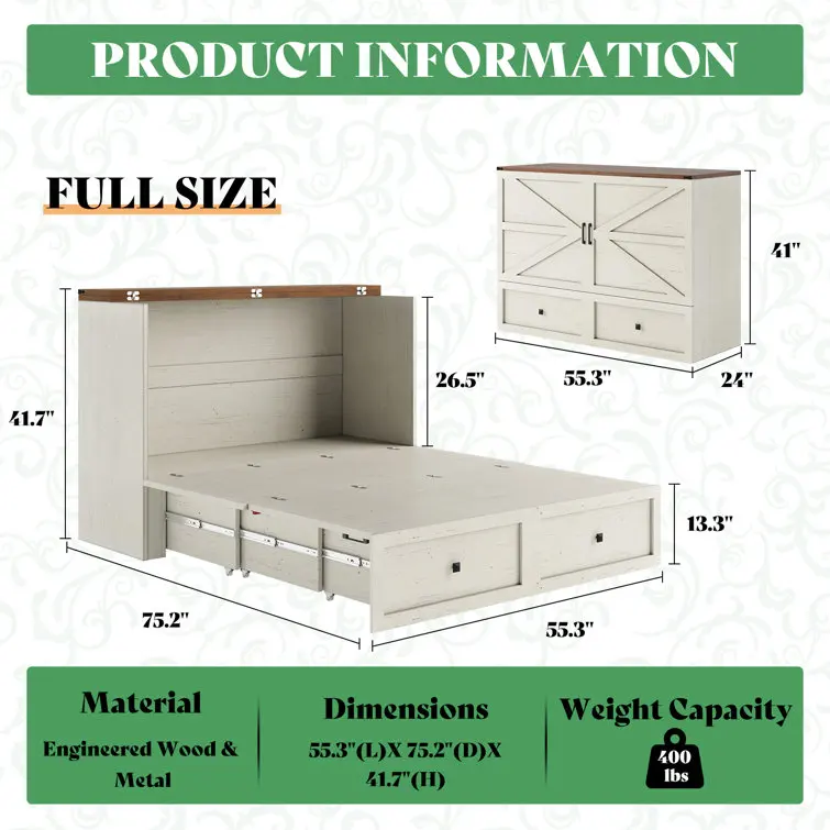 Kainice modern smart bedroom furniture convertible murphy bed cabinet full size wood bed with storage drawer