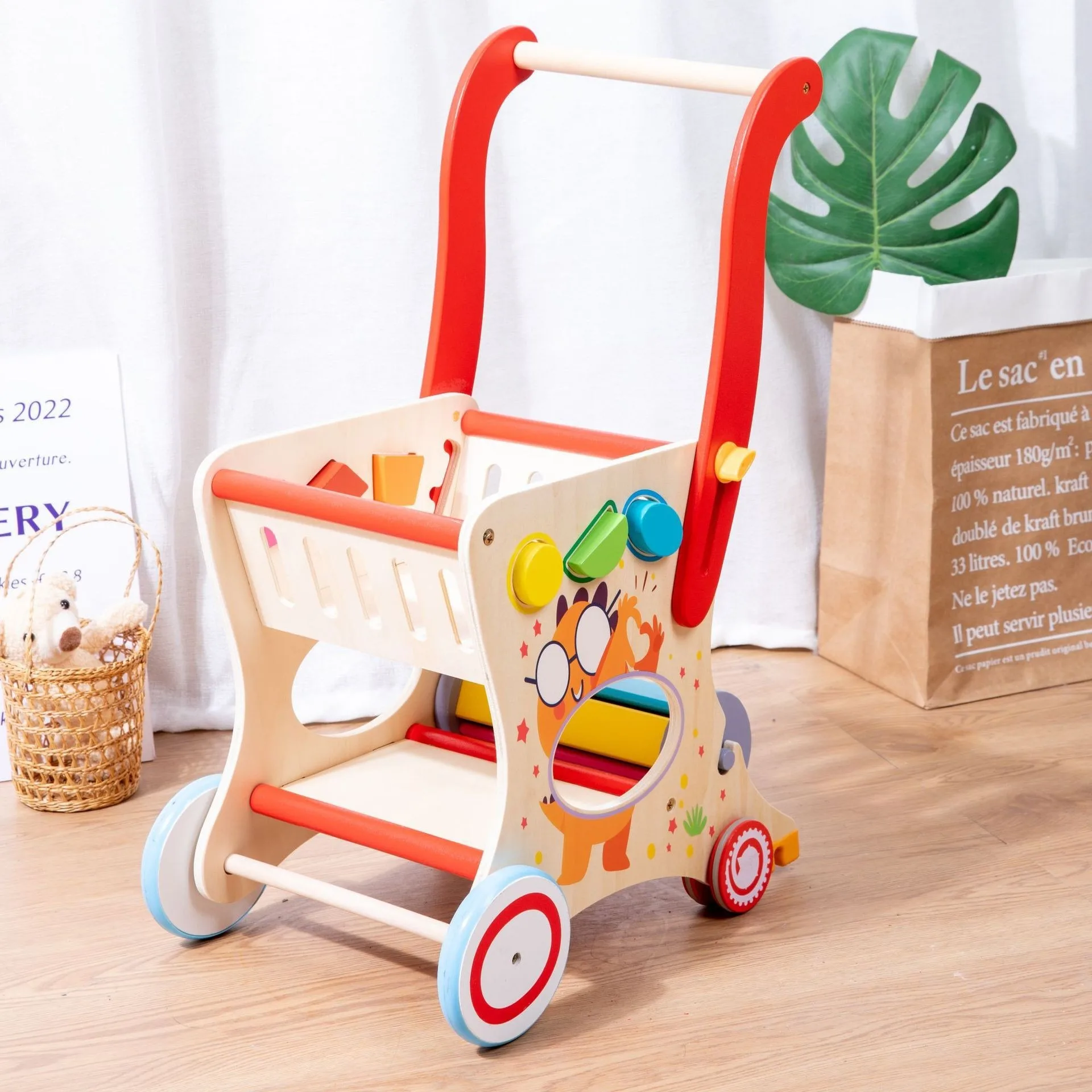 2024 High Quality Stroller Wooden Car Model Unique Design Wooden Baby Activity Walker Hand-Pushed Toy