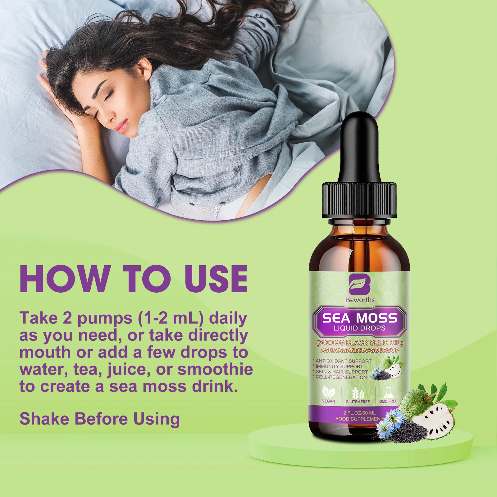 Beworths Organic Sea Moss Liquid Drops Irish Sea Moss Black Seed Oil with Burdock Root Supplement