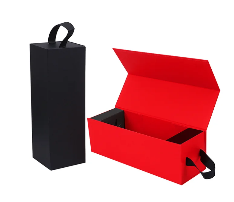 Folding Box Wine Magnetic Paper Luxury Custom Logo Black Red Stamping Foil Rigid Boxes Rectangle Paperboard Accept Custom Print