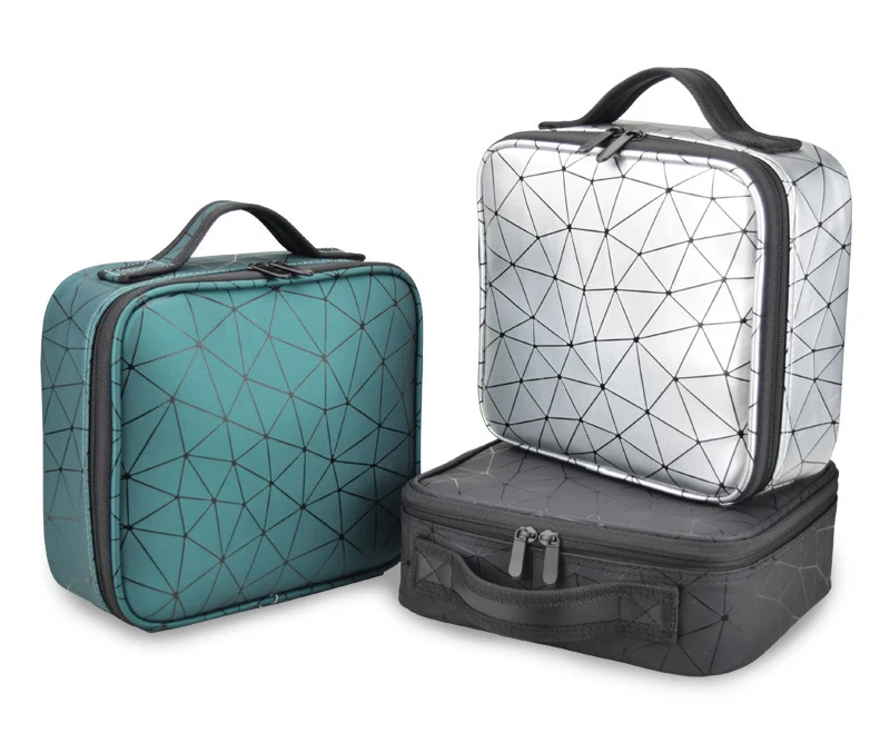 Portable Waterproof Geometric Printing Leather Large Capacity Brush Holder Cosmetic Bag Makeup Case Make-up Box Bags