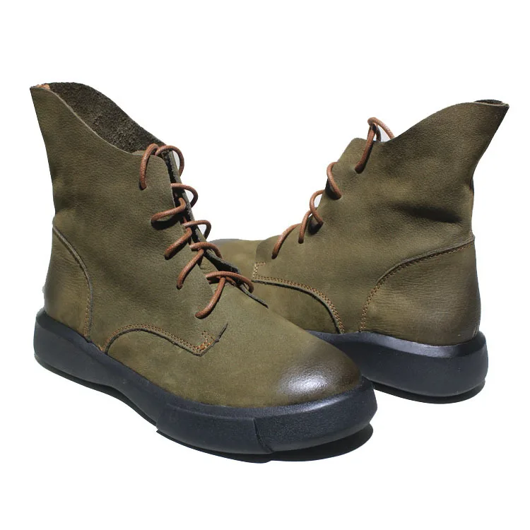 
Vintage full grain genuine leather women boot wholesale zip design lace up flat middle top women gothic boots for women 