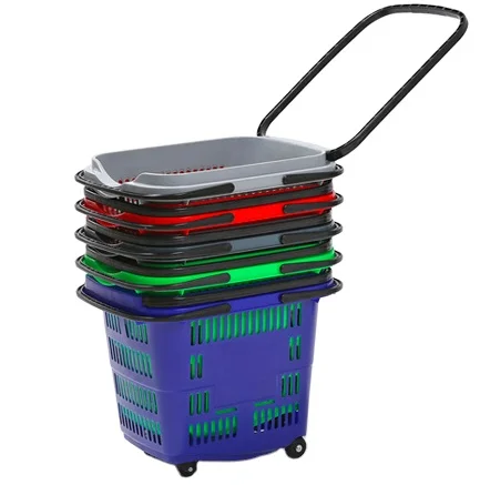 Shopping Basket trolley Supermarket Plastic rolling Baskets with 4 Wheels