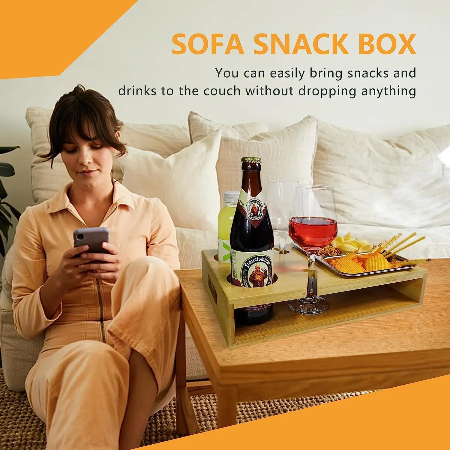 Bamboo Couch Bar Snack Box Wine Bottle Drink Cup Holder Tray Sofa Butler Organizer Caddy Buddy Couchbar Snack Couch Console