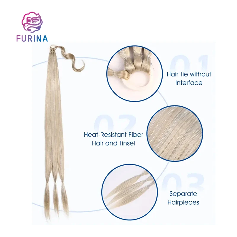 Furina synthetic braided premium heat resistant 30 inch 34 inch tinsel hair ponytail with rubber band hair ring for women