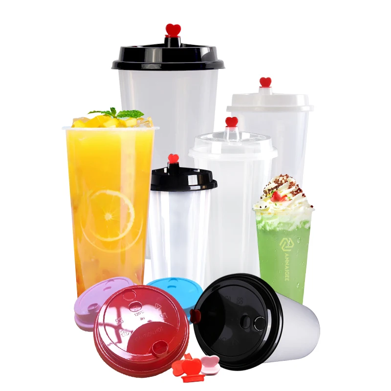 Multiple Capacities Transparent Plastic Smoothie  Juice Milk Tea Cup With Lid