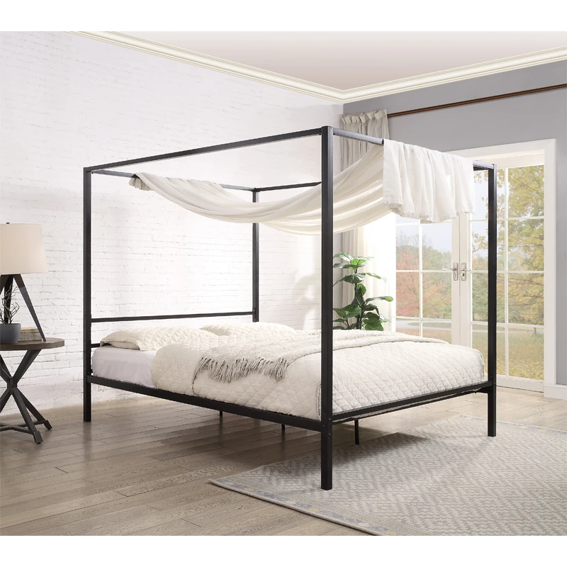 Modern Design Black Easy Assemble Queen Size Sturdy Iron Frame Hotel Canopy Metal Beds