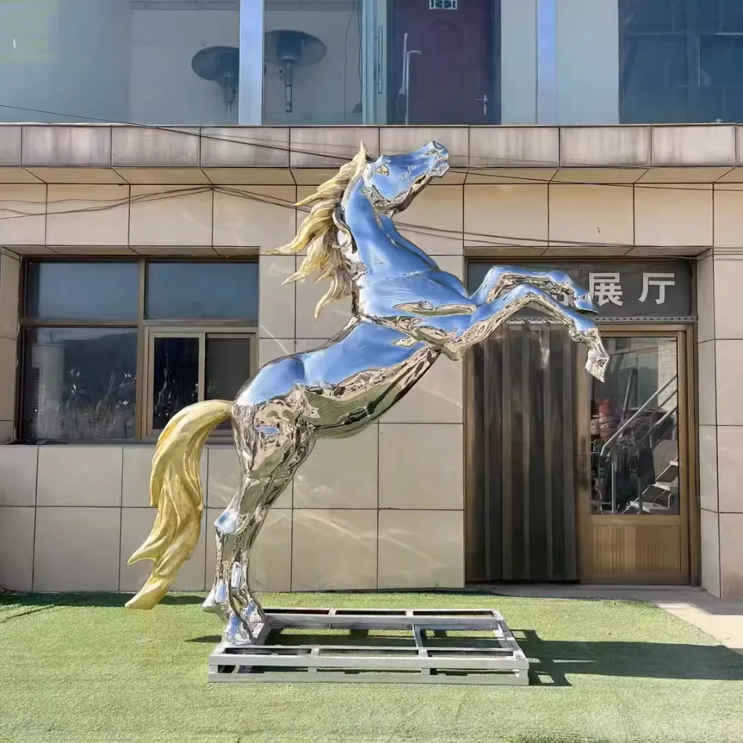 Custom Galloping Animal Polished Stainless Steel Statues Large Metal Garden Statues Life Size Metal Winged Horse Sculptures