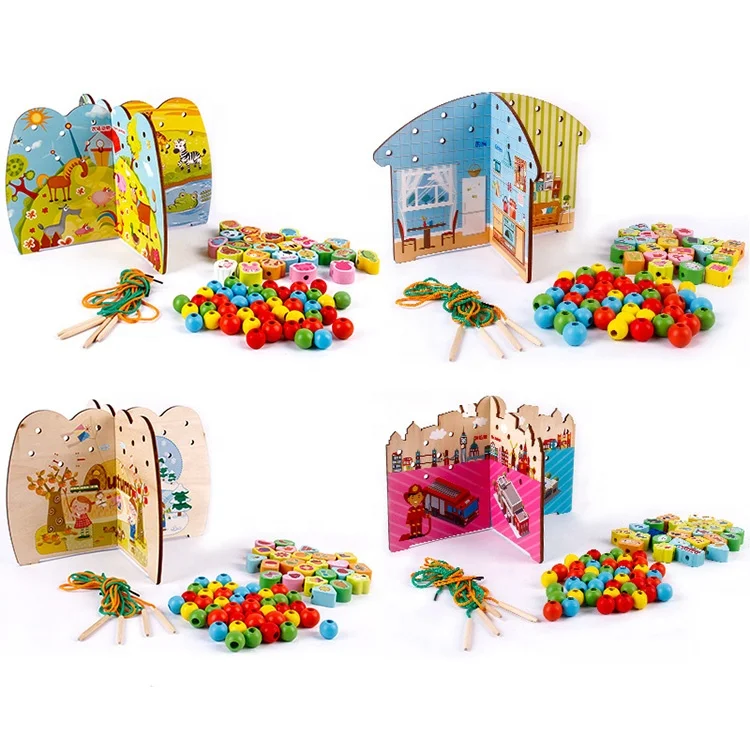 Kids Montessori Wooden Fruit Lacing Stringing Beads Autism Relief Fine Motor Skills Games Educational Toys For Children