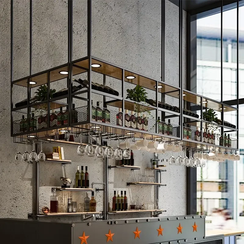 Customized Bar Counter Top Wine Glass Storage Racks Restaurant Ceiling Hanging Storage Racks Bar Furniture Metal Wine Rack