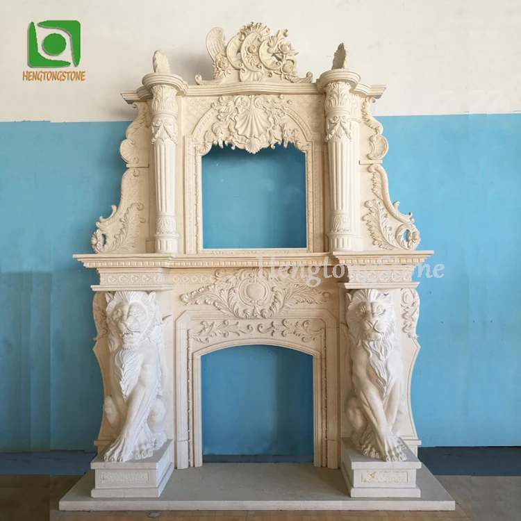 Home Decoration 2 Tiers White Marble Lion Head Fireplace Surround
