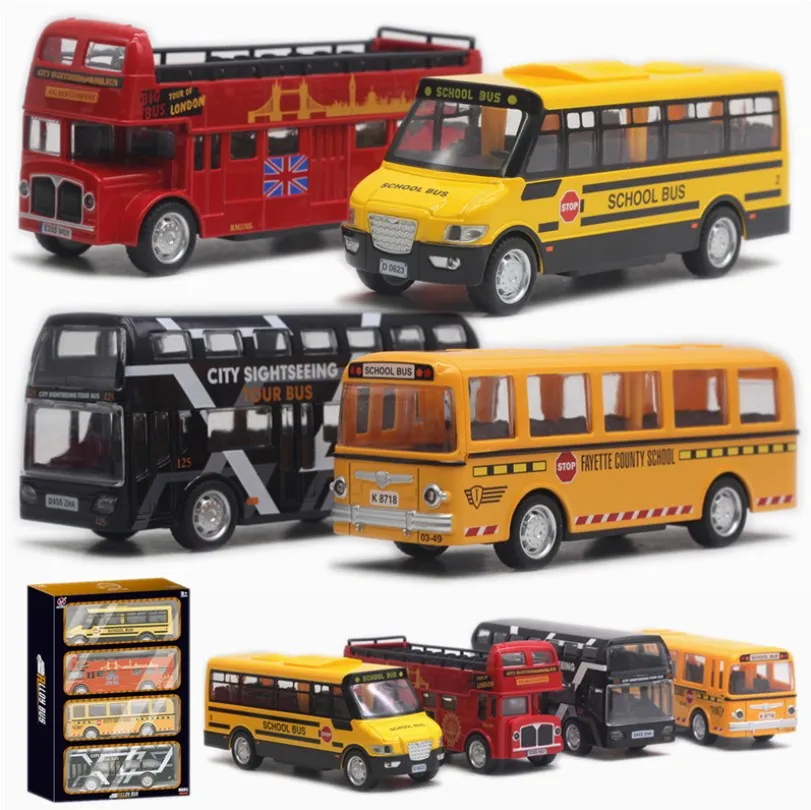 
1/64 Alloy School Bus Diecast double-decker London travel Bus Model Pull Back simulation Cars Toy Vehicle For Kid 