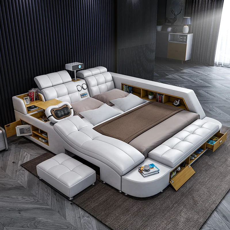Luxury Modern Large Tatami Leather king Size Bed with Storage Massage Functions