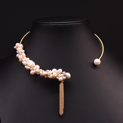 Natural Freshwater Pearl Tassel Choker Necklace For Women  Luxury Handmade Gold Plated Jewelry Custom Necklace