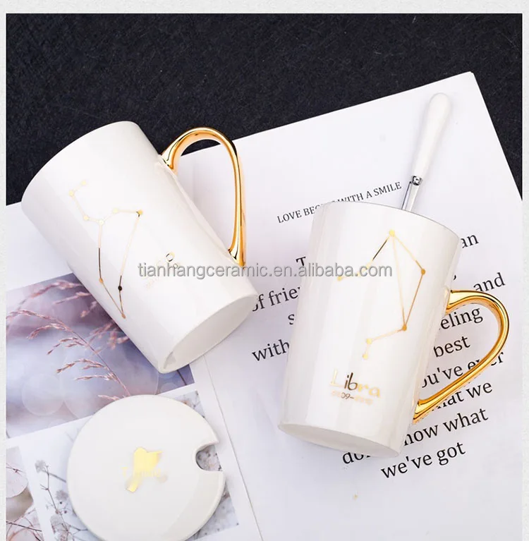 Cheap Price  White Black 12 Constellations Gold Pattern Ceramic Coffee Mug With Lid Spoon And Gold Handle For Souvenir.jpg