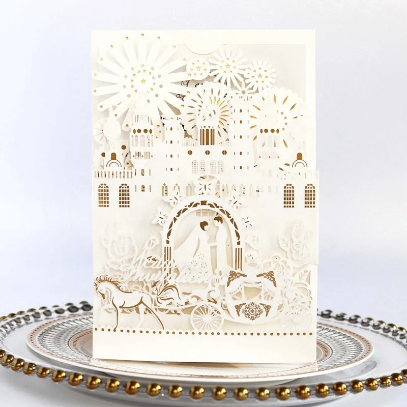 Luxury Greeting Gift Card  with Pumpkin Carriage for Wedding Invitation Card  with 3D Castle
