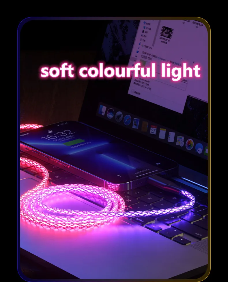 Colorful LED Shining 5Pin 8Pin 24Pin Flowing Light USB3.0 Data PD Charge RGB Cable USB A USB C to Micro Lighting Type-C
