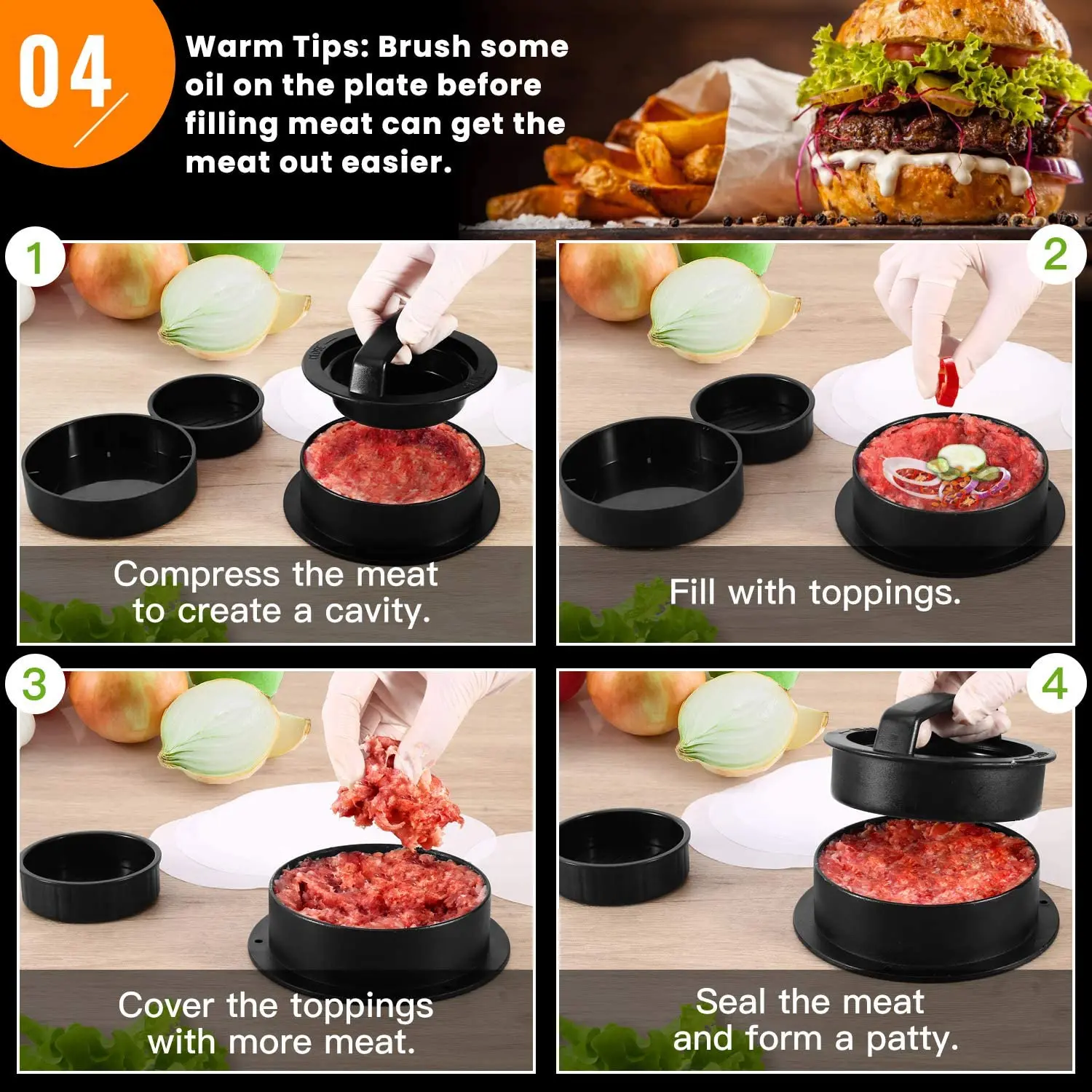 Black 3 in 1 Burger Press, Plastic Durable Hamburger Press Patty Stuffed Burger Maker with 100ps Burger Paper