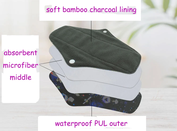 18x26cm medium flow reusable sanitary towel napkin AIO hygiene intimate menstrual cloth lady pads anti bacterial bamboo charcoal
