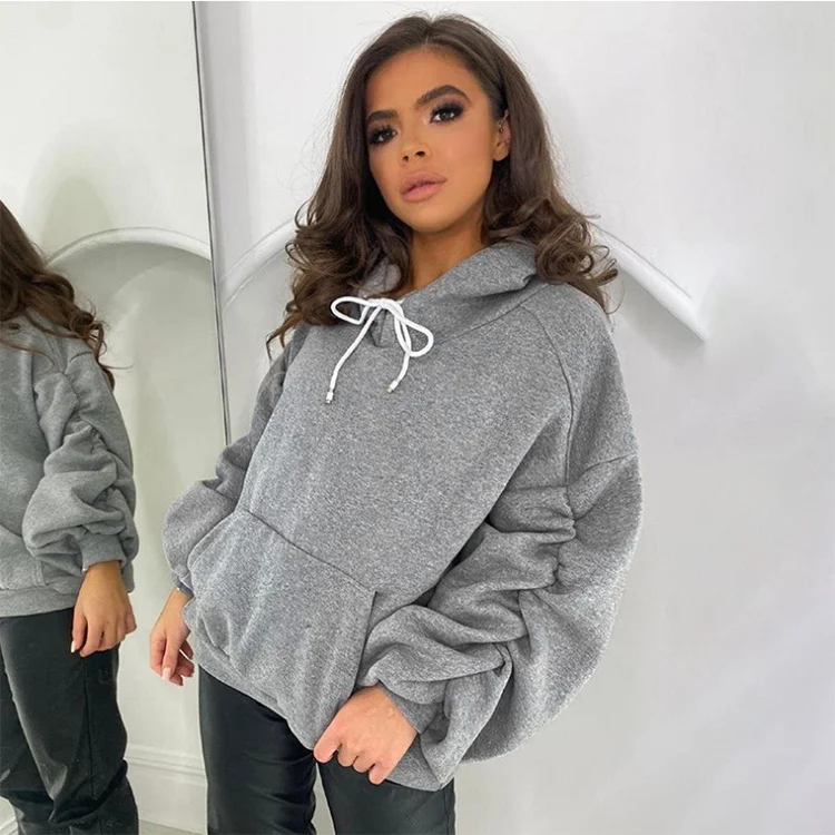 Hot Selling Autumn Solid Color Ruched Long Sleeve Women Pullover Sweatshirt Ladies Loose Blank Drawstring Hoodie With Pocket