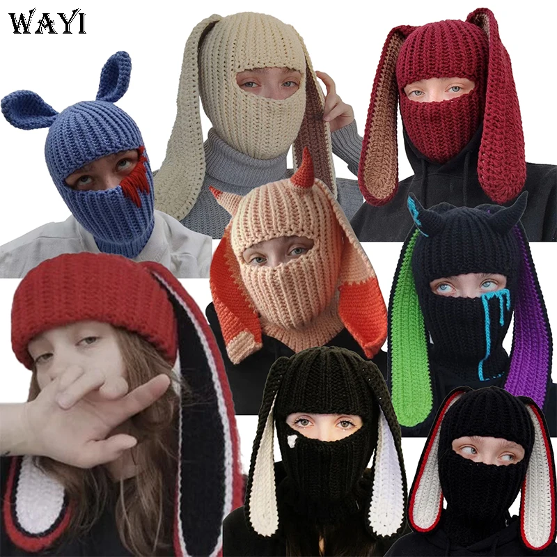 Unisex Y-F Warm Beanie Bunny Ears Knitted Bucket Skull Hat with Long Ears Rabbit Balaclava Hood for Casual or Party Style