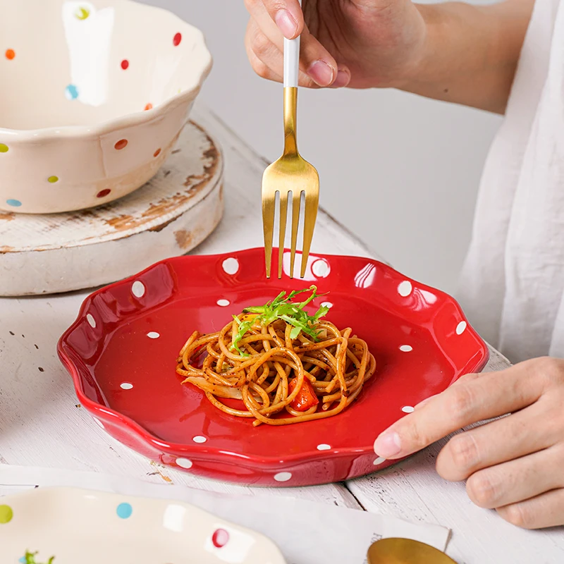 Hand Painted Polka Dots Cute Ceramic Dishes Casual Round Shape Cake Plates Sets Dinnerware