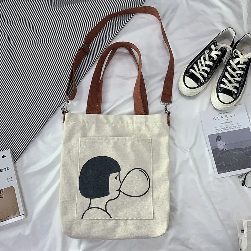 New style custom printed logo tote shopping cotton canvas bag female canvas Ins cute large with handle cross body bag