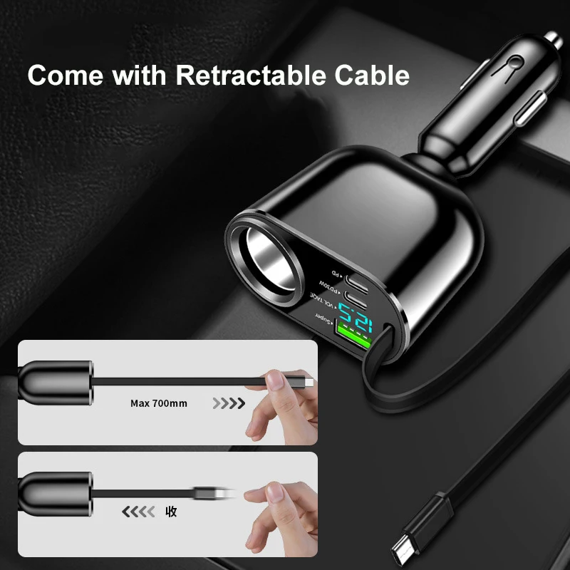 Адаптер автомобильного зарядного устройства PD 30 Вт USB C с дисплеем напряжения выдвижной кабель супер быстрая зарядка товары 2024 новых поступлений
