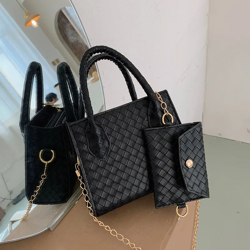 Wholesale custom fashion 2 in1 woven chain female mini purse and tote bag zipper black lady handbag women bag sets
