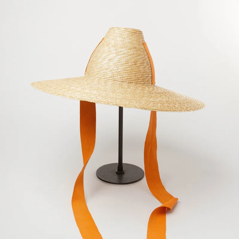 
Occident Style new cone high hat ribbon hand-woven large buckwheat straw hat outdoor sunscreen beach hat for women 
