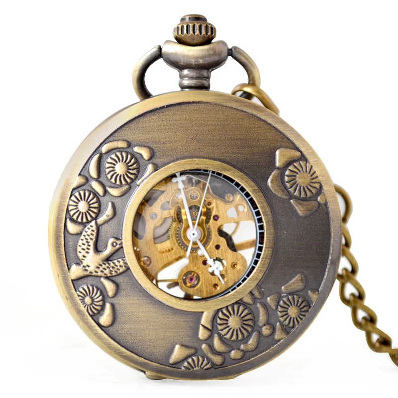 Antique Hollow Manual Bronze Hand Winding Mechanical Retro Roman Flower Pocket Watch