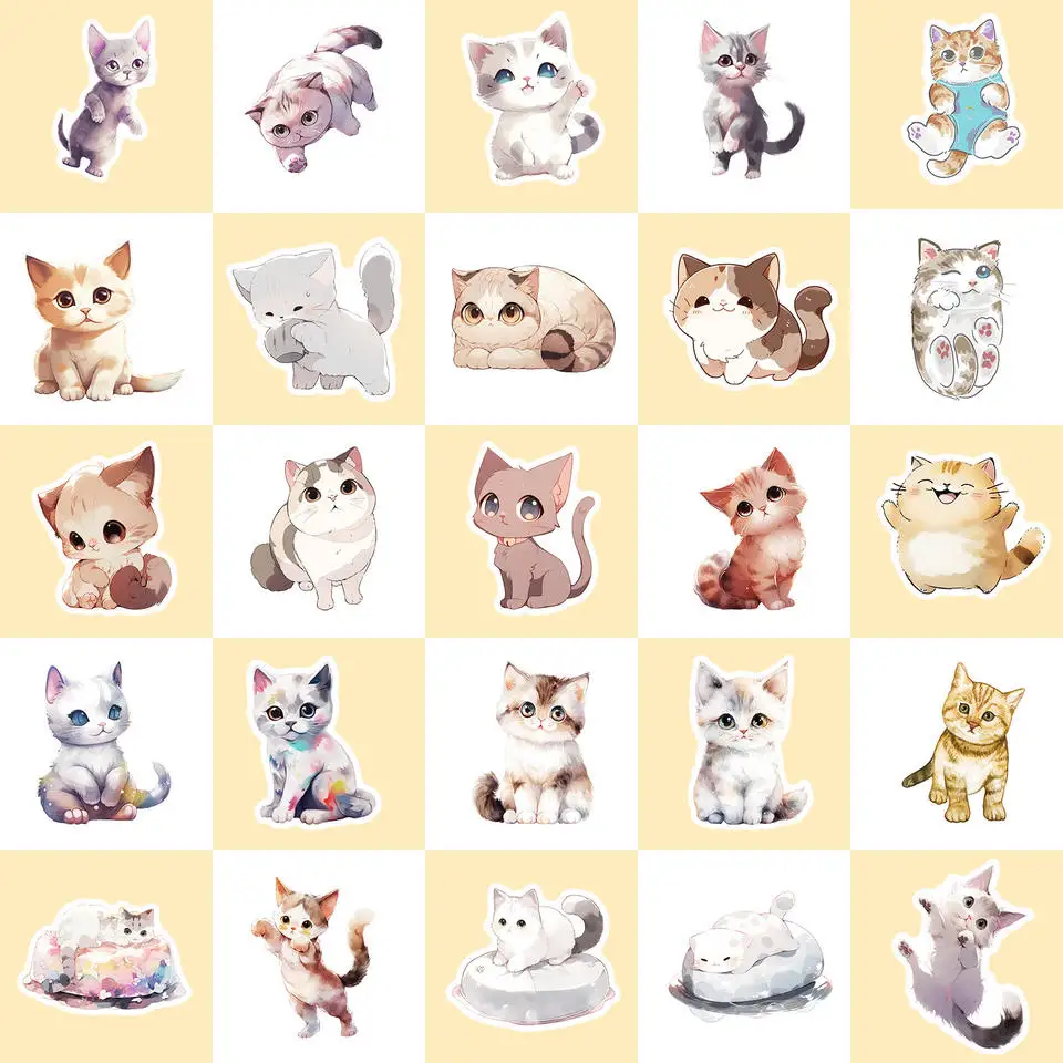50Pcs Cute Plain Color Kitten Pet Graffiti Stickers For Bottle Notebook Laptop Waterproof Kawaii Kitty Sticker