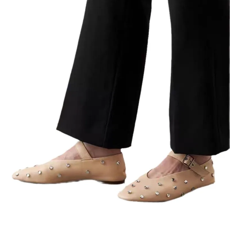 New design diamonds flats ballet casual leather buckle ankle strap shoes for women