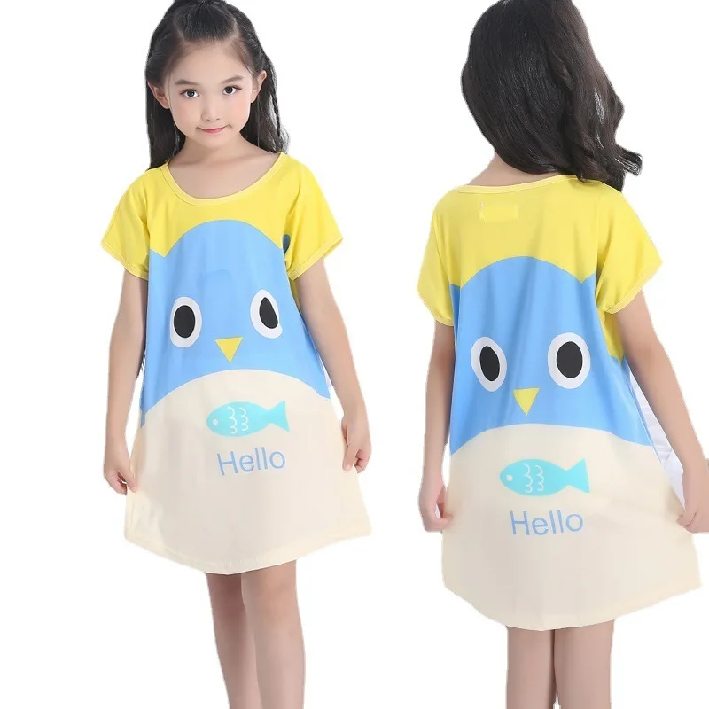 Wholesale Cute Cartoon Summer Girls Wear Thin Short-sleeved Pajamas Nightdress Kids Girls Lovely Indoor Home Dress Sleepwear