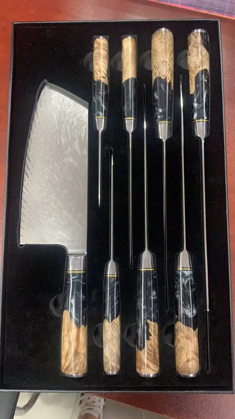 JDHS1B Kitchen 6pcs pack Knife Set VG10 Damascus Steel Blade Japanese Knife Straight Blue Resin Handle Cutliary 9pcs cutlery set